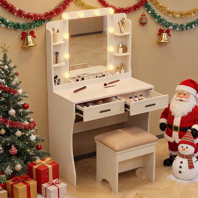 Makeup Vanity Desk with Mirror and Lights Makeup Table with Lights Luxury Vanity Desk with Mirror White Girls Vanity Set Make Up Bedroom Vanity(33.5" Vanity)