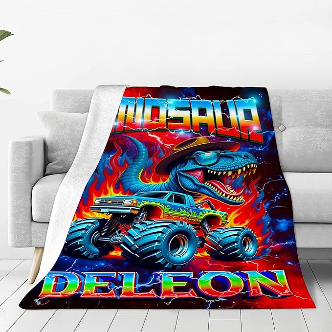 Custom Truck Blanket with Name Personalized Dinosaur Throw Blanket for Boys Cars Lovers Gifts for Couch Sofa Bed Decor(Boy-04)
