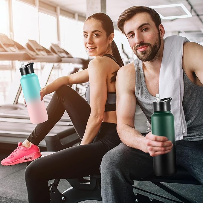 VEGOND 40 oz Insulated Water Bottle Bulk Stainless Steel Metal Water Bottles with Leak Proof Straw Lid & Spout Lid, Wide Mouth Double Walled Vacuum Travel Sports Bottle, 4 Pack