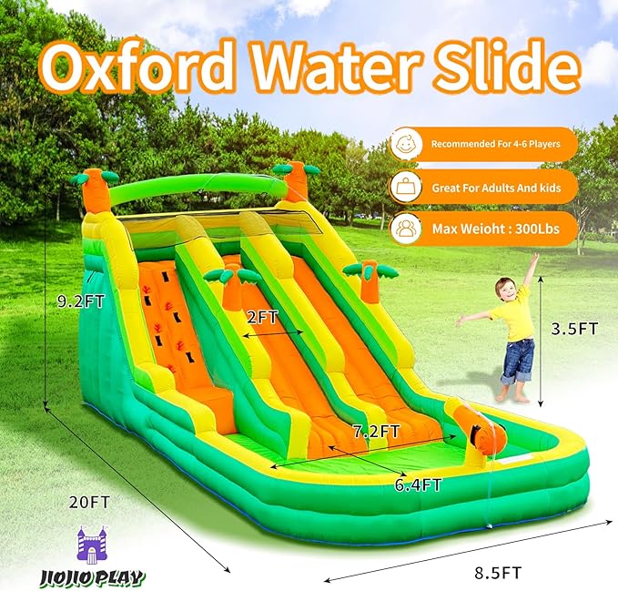 20FT Large Inflatable Water Slide Oxford Waterslides for Kids and Adults Rainforest Style Water Slide Bounce House and Swimming Pool Wet Dry Use Summer Fun Water Park for Outdoor（Including Blower