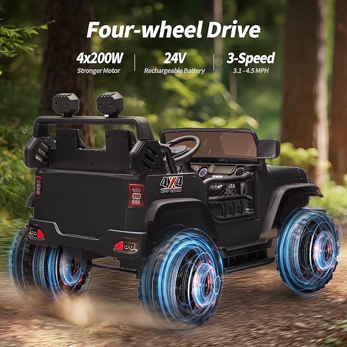 2 Seater Ride on Car Toy, 24V 4WD Electric Car for Kids 4-8 with Remote Control, 4x200W Motors, Capacity 150 lb - Black