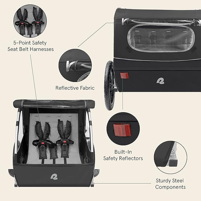 Single & Double Passenger Children’s Foldable/Collapsible Tow Behind Bike Trailer with 16" Wheels, Safety Reflectors & Rear Storage Compartment