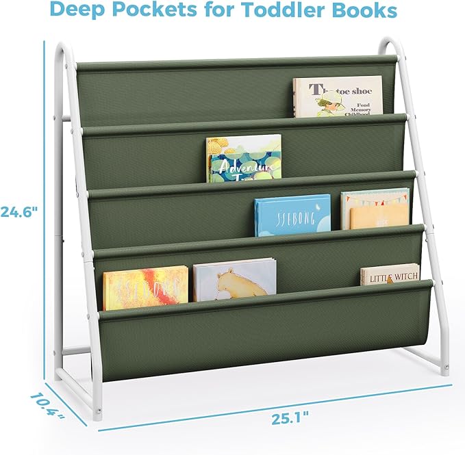Tatub 4 Tier Kids Bookshelf for Kids Rooms, Metal Children Book Rack Montessori Bookshelf, Toddler Sling Bookrack Display for Nursery, Green