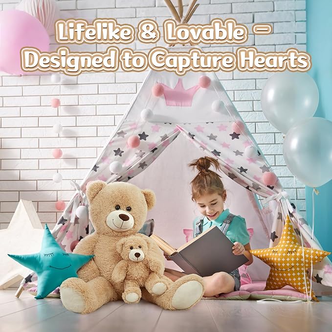 MorisMos Mom and Baby Giant Teddy Bear, 39inch Soft Stuffed Animal Large Teddy Bears Plush for Baby Shower, Tan