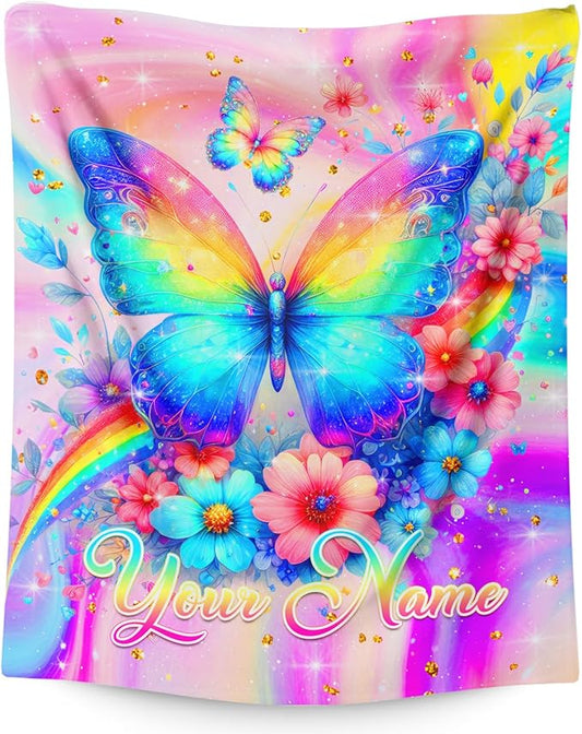 Personalized Blanket for Girls Age 6-8, Butterfly Throw Blankets Gift for Kids Teens Butterfly Lovers, Custom 50"x40" Flannel Throws for Couch Sofa Bed Travel