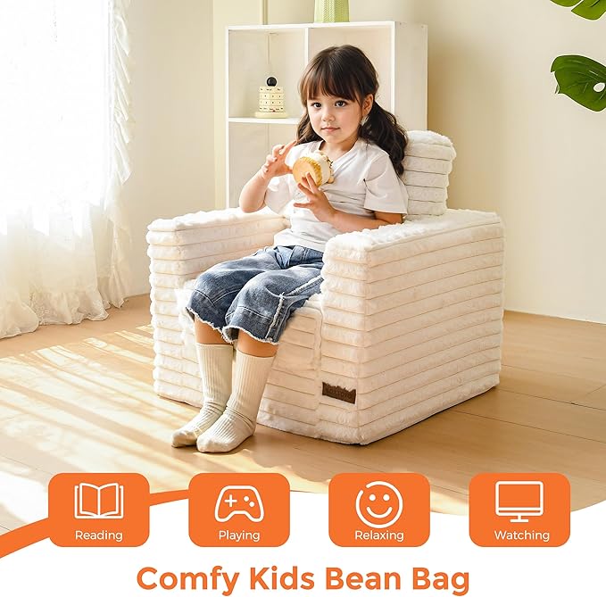 MAXYOYO Kids Bean Bag Chair, Comfy Faux Fur Bean Bag Sofa with Filler, Upholstered Floor Sofa with Pillows and Armrests, Lazy Floor Chair Couch for Boys and Girls, Beige