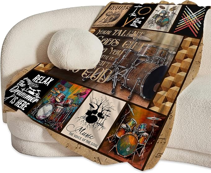 Rock Music Blanket Ultra Soft Cozy Drum Set Kit Throw Blanket Fleece Fuzzy Plush Bedding Vintage Musical Instrument Lovers Gifts for Women Girls Kids Adults 60"x50"