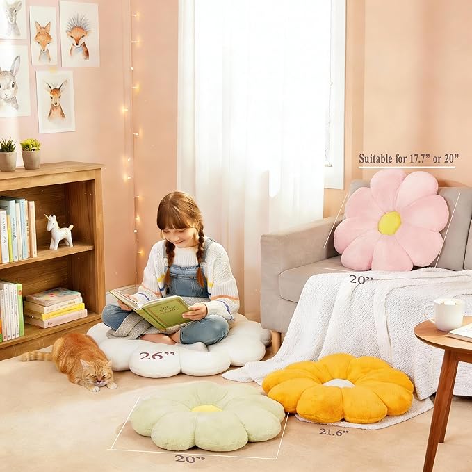 17.7In Green Flower Pillow Daisy Pillow Decorative Pillow Floor Pillow Cushion for Girls Adults Cute Home Decor Aesthetic for Living Room Bedroom Reading Corner