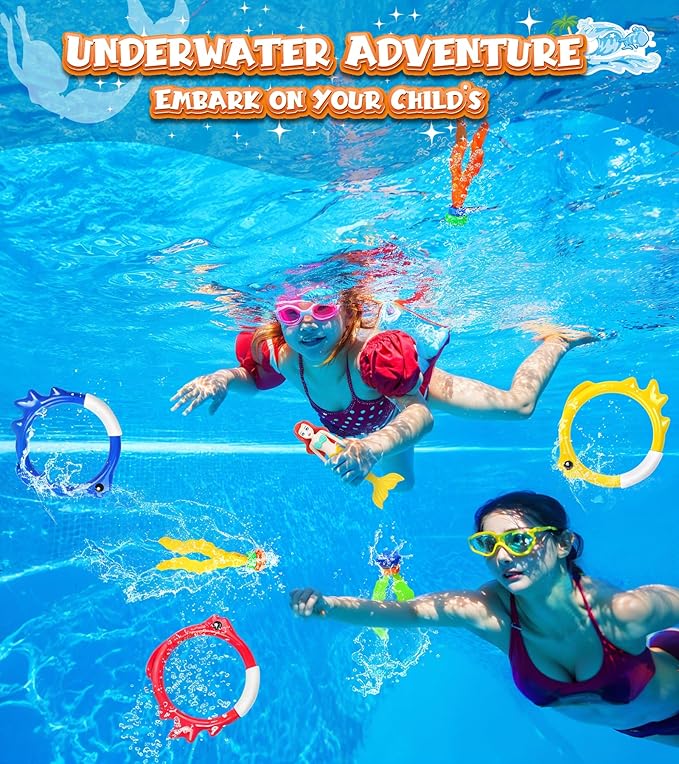 Pool Toys for Kids, Mermaid Swim Diving Pool Toys for Toddlers Girls,Underwater Sinking Water Ball Games, Pool Swim Float Treasure Fish Toy, Diving Ring Toys with Mesh Bag for Summer Pool Beach Party