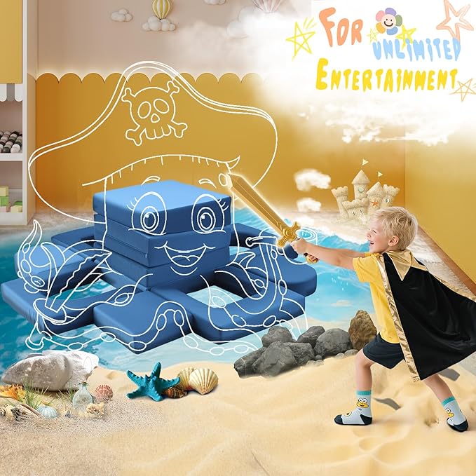 12Pcs Modular Kids Play Couch Multifunctional Foam Toddler Sofa Convertible Kids Sofa Playroom Bedroom Furniture Floor Foam Explorer Couch with Building Fort Feature for Boys and Girls (blue)