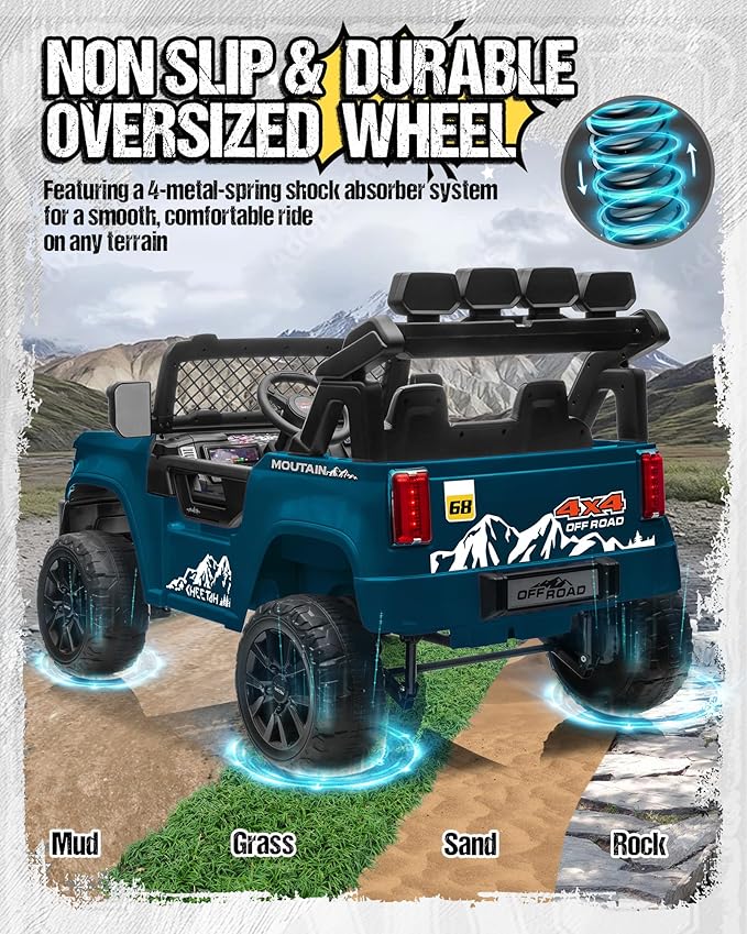 24V Ride on Toys for Big Kids, 2 Seater Electric Car w/22'' Large Seat, Remote Control, Shovel, 4X200W Engines, 4WD/2WD Switchable, Truck Bed Storage, Ride On Truck Toy for Boy Girl, Blue