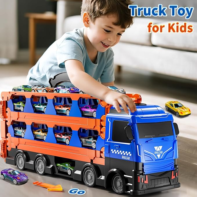 Cars Truck Set Transport Toy for Kids, Race Track Set with 12 Die-Cast Cars, Trucks Playset, 2-Tier Launching Tracks, Carrier Toy for Boys Girls Birthday Gifts for Boys Ages 1-3 2-4 3-5 4-7