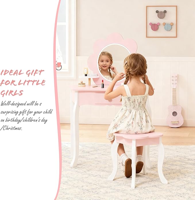 Spirich Kids Vanity, Girls Vanity Set with Mirror and Stool and Lights, Kids Vanity Table and Chair Set, Wooden Princess Makeup Desk Dressing Table (Flower Shape with LED Strip)