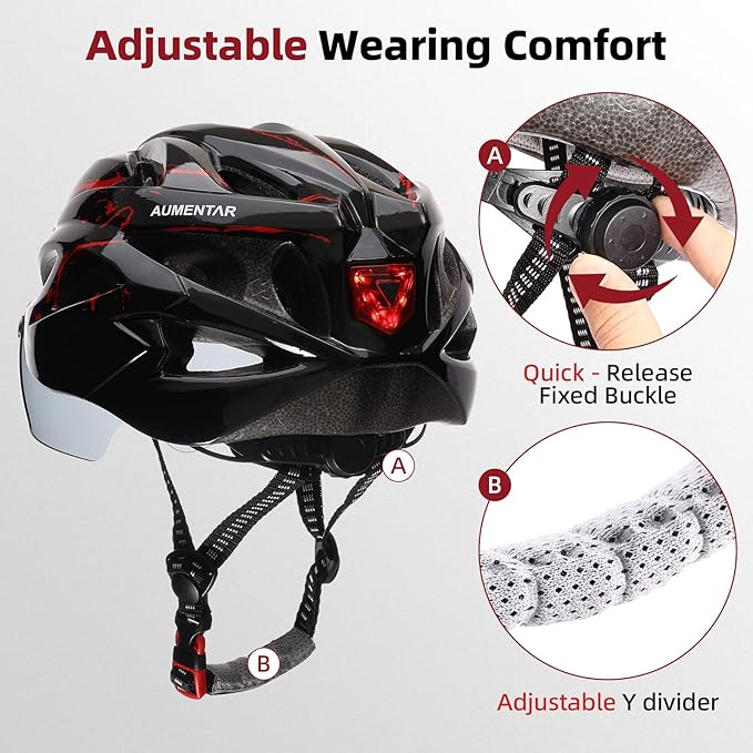 Adult Bike Helmet, Bicycle Helmet with Rear LED Light & Detachable Magnetic Goggles, CPSC/CE Certified Cycling Helmet Adjustable for Men Women Mountain & Road