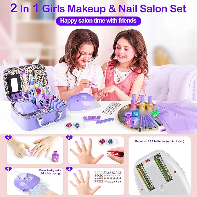Kids Makeup Kit for Girl - 2 in 1 Kid Washable Makeup Toys & Nail Art Kit with Unicorn Cosmetic Case, Play Makeup for Girls, Real Girl Make up Sets for Christmas Birthday Gifts Toys for 3-12 Year