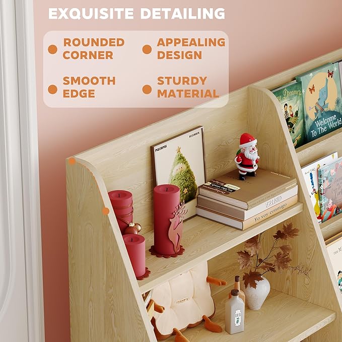 6 Tier Kids Bookshelf and Toy Storage Organizer, Child-Friendly Height & Stable Triangle Design, Toddler Book Shelf for Kids Room, Playroom, Bedroom, Classroom, Nursery, School, Natural