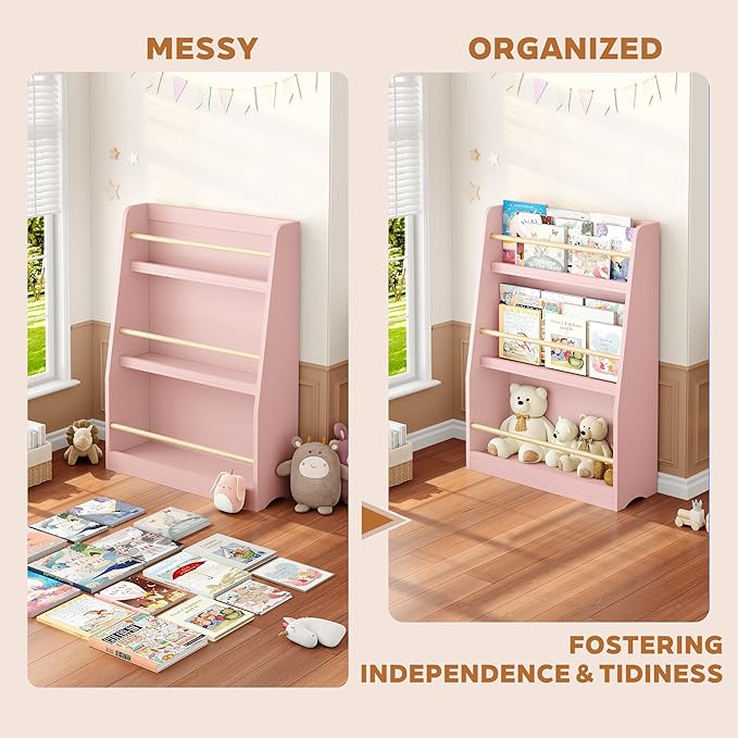 Kids Bookshelf, 3-Tier Montessori Book Shelf Organizer for Books and Toys, Toddler Bookshelf for Bedroom, Living Room, Playroom, Classroom, Nursery - Pink