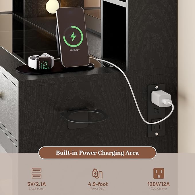 Makeup Vanity with Mirror and Lights, 43'' Wide Dressing Table with Storage Drawers, Open Shelves & Power Outlet, Vanity Desk with RGB Cabinet & Glass Top for Girls Bedroom, Living Room, Black