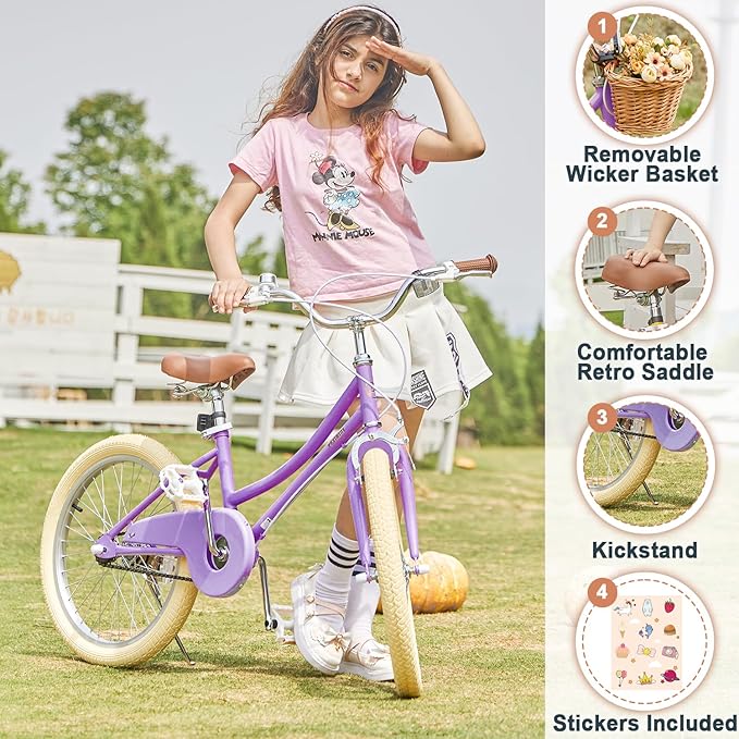 Petimini Girls Bike with Basket for 2-12 Years Old Kids, 12 14 16 18 20 Inch Bicycle with Bell Training Wheels Basket, Multiple Colors