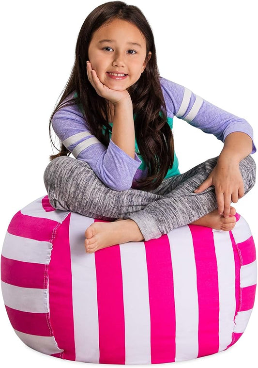 Posh Stuffable Kids Stuffed Animal Storage Bean Bag Chair Cover - Childrens Toy Organizer, Medium 27" - Canvas Stripes Pink and White