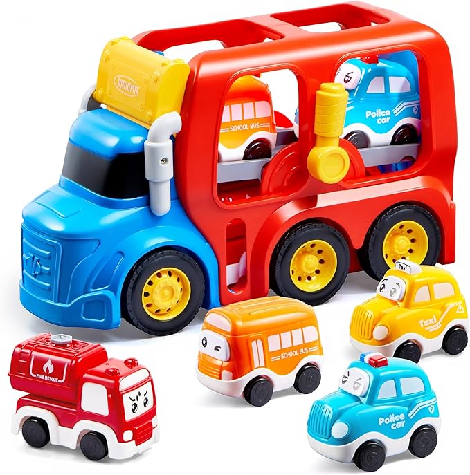 Toddler Truck Toys for Age 2-4, Carrier Transport Trucks for Kids 2 3 4 5 Year Old Boy, 4 Pack Car Toys Including School Bus, Taxi, Fire Engine and Police Car, Christmas Birthday Gift