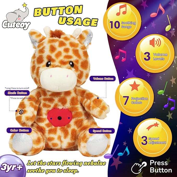 Cuteoy Plush Giraffe Star Projector Musical Adjustable Singing Night Light Stuffed Animals Glowing Plushies Toy Gifts for Kids Birthday Easter Christmas,12''