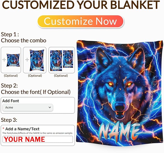 Personalized Wolf Blanket for Boys, Throw Blanket with Custom Name for Kids Son 30x40 Inches Small Lightweight Soft All Season Throw for Sofa Chair Trip Car Office