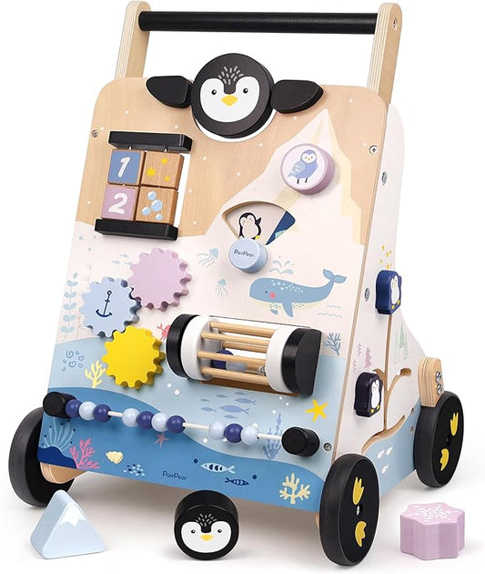 PairPear Polar Explorer Wooden Baby Walker, Montessori 9-in-1 Activity Push Walker Activity Center Toys with Adjustable Speed & Height, Penguin Mirror, Shape Sorter Learning Toys Gift for Toddler 1-3