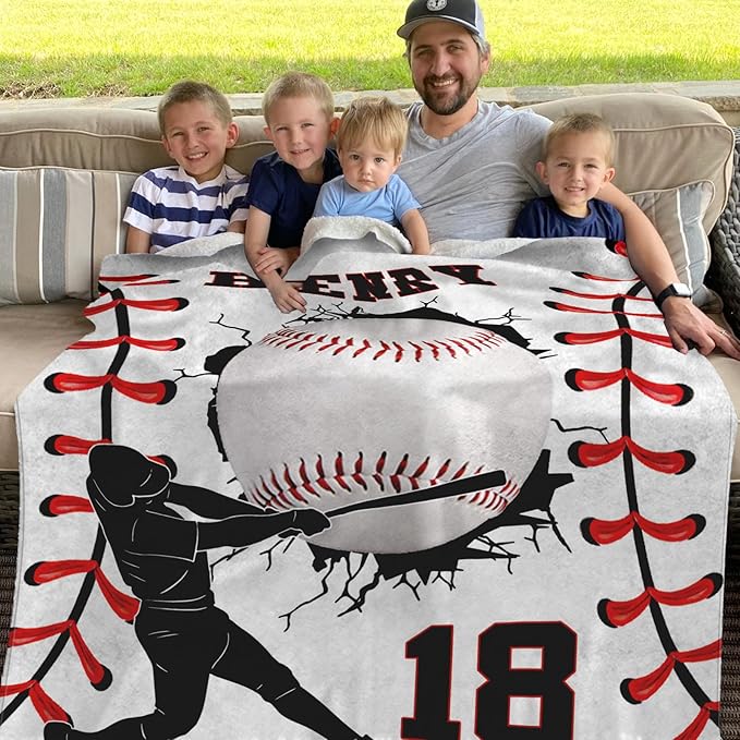 Personalized Baseball Blankets with Name Numbers, Custom Baseball Team Game Throw Flannel Blankets Stuff Gifts for Boys Sports Lover Fans Kids Adult