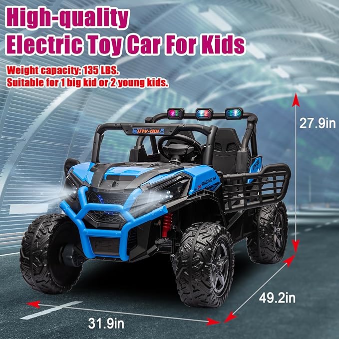 24V 2 Seats Kids Ride on Toy with Remote Control, 4X4 Off-Road UTV Truck Ride on Buggy Car, Battery Powered Kids Electric Vehicle Side by Side w/LED Lights, Outdoor for Boys and Girls, Blue