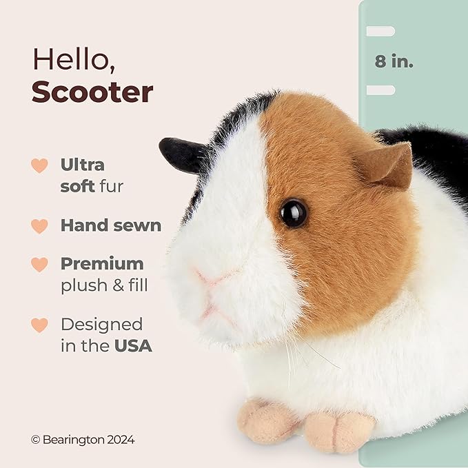 Bearington Scooter Plush Guinea Pig Stuffed Animal Toy - 8" Realistic Guinea Pigs Stuffed Animals with Soft Cuddly Body and Bean Bag Weight - Cute, Adorable Cavy Plushies Gift for Kids and Pet Lovers