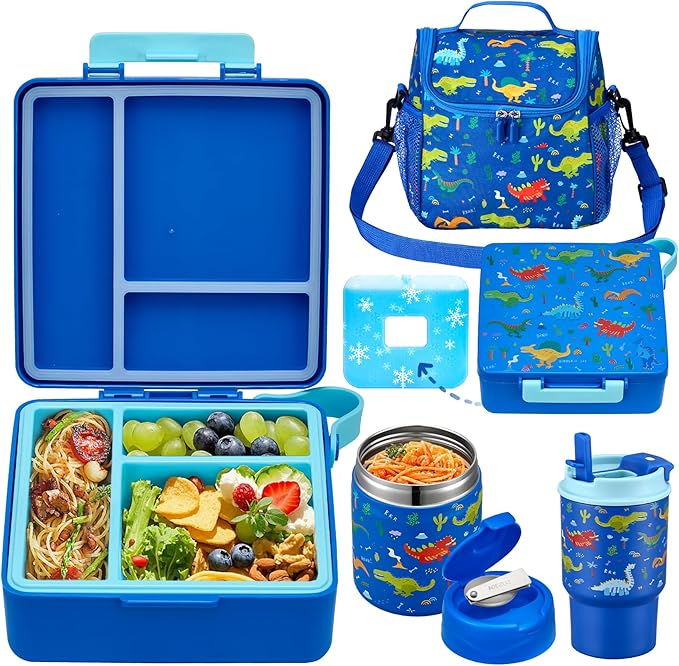 Bento Lunch Box for Kids with 17oz Soup Thermo,Insulated Tumbler Water Bottle and Insulated Lunch Bag,Leak-Proof 3 Compartment Lunch Food Container with Ice Pack for Kids to School-Dinosaur