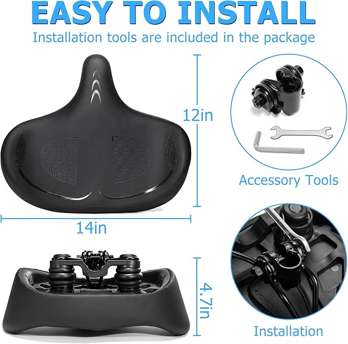 Oversized Bike Seat for Men & Women Comfort, Extra Wide Bicycle Seat Cushion, Comfortable Wing Padded, Large Replacement Saddle for Peloton, Stationary Exercise Bike, Ebike, Cruiser, City Bike