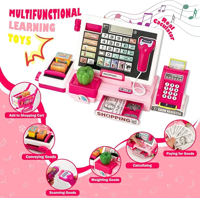 Kids Cash Register Toy with Shopping Cart Toddler Pretend Play Store Cashier Register for Kids with Music / Real Calculator / Scanner Learning Toys for Girls Birthday Gift for 3-8 Year Old Girl
