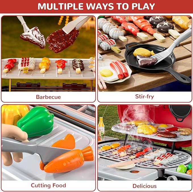 Kids Play Grill Kitchen Toys: BBQ Outdoor Toys Play Grill Set with Smoke Sound Light, Pretend Play Food Toy Cooking Set Kids Outdoor Grill Playset, 2 Layer Barbecue Gifts for 4-8 Boys Girls