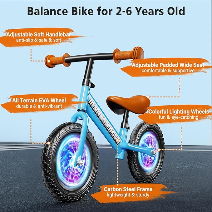 Colorful Lighting 12 Inch No Pedal Balance Bicycle Bike for Kids,Age 24 Months to 5 Years Old Lightweight Steady Balancing Bike with Adjustable Handlebar&Seat,Birthday Gift for 2 3 4 5 Year Old.