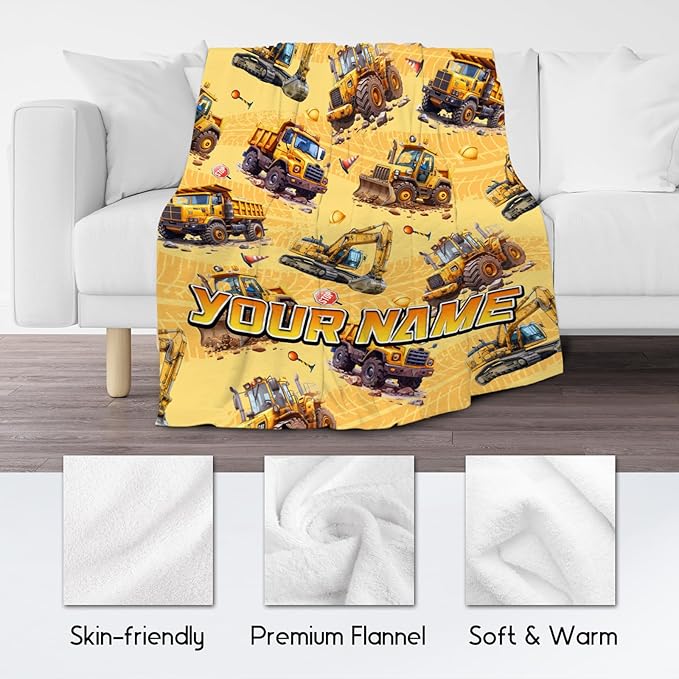 Toddler Blanket for Boys - Custom Construction Truck Gifts for Kids - Personalized Excavator Fleece Throws for Couch Sofa (4 Sizes)