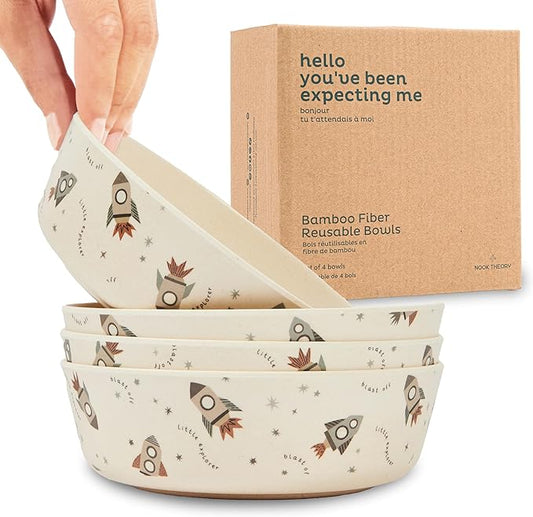 Nook Theory 4 Pack Bamboo Bowls - Alternative to Plastic Bowl, 18 Oz Reusable, Shatterproof Dinnerbowl, Dishwasher Safe - Not Microwavable Bamboo Dishes (Space)