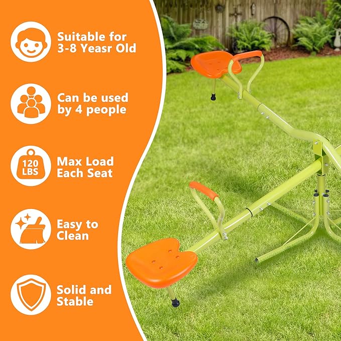 SUPER DEAL Teeter Totter Kids Seesaw, Outdoor Playground Equipment 360 Degrees Rotate All Steel Extendable Tubes for Toddlers Children Backyard, Green and Orange, 4 Seat