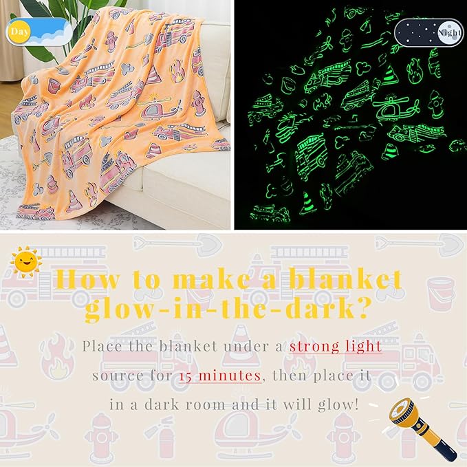 Fire Truck Glow in The Dark Blanket for Toddler Boy - Firetruck Gifts for Boys