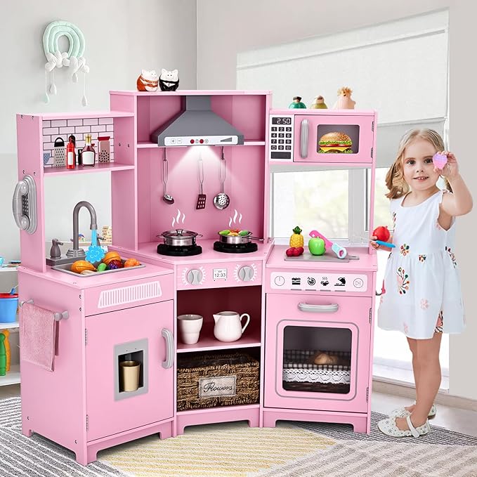 JOYLDIAS Kids Play Kitchen,Corner Wooden Pretend Toddler Kitchen Toys Playset with Realistic Lights & Sounds,Microwave Oven,Water Dispenser, Phone, Sink,Cooking Accessories, for Ages 3+, Pink