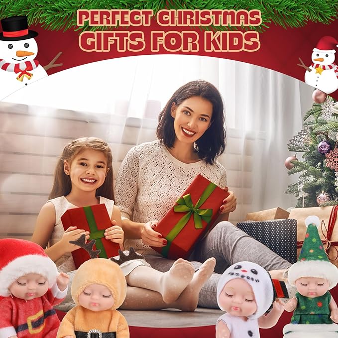 Hanaive 4 Pcs 4 Inch Mini Baby Dolls Lifelike Realistic Baby Dolls Animal Clothes Cute Baby Valentine Tiny Babies Gifts Set for Girls Boys Toddlers Kids 3+ Birthday Baby Shower Favors (Santa Style)