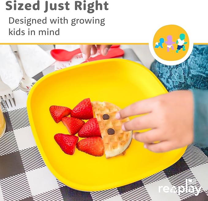 Re-Play Toddler Plates - 22 Oz. Deep-Walled Flat Kids Plates - Dishwasher & Microwave Safe - Made in USA - Set of 4-7.37" x 7.37" x 1.25" - Spring