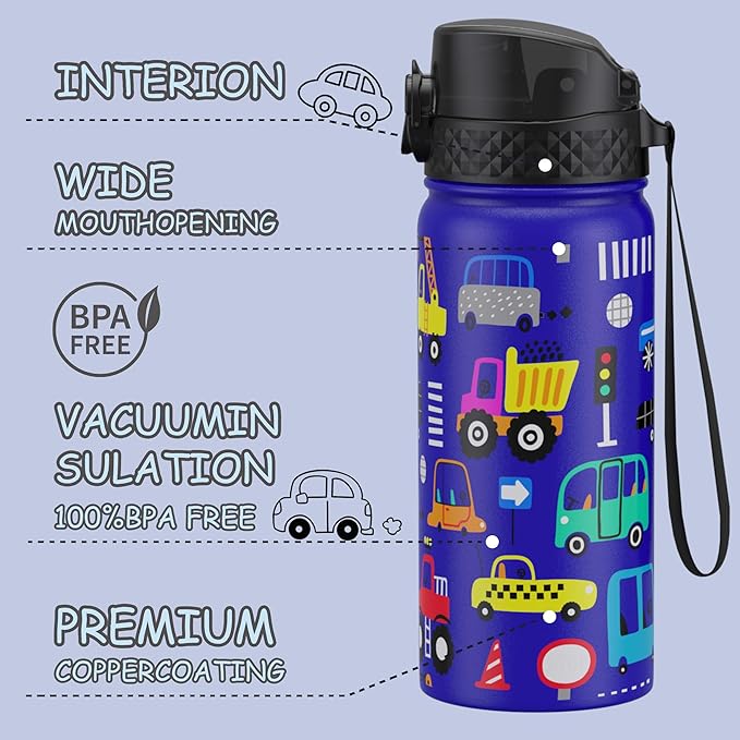 GOPPUS Kids Water Bottle (Straw Lid) - 18 Oz Stainless Steel Travel Bottle, Double Wall Vacuum Leak Proof Kids Cup for School Boys Girls,Blue engineering car