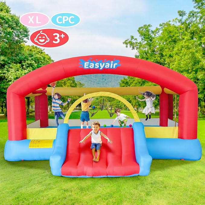 Inflatable Bounce House for Kids, 14.3 x 12.5 FT Bouncy Castle Jumper Slide with 520W Blower, Basketball Hoop, Throwing Ball Game, Ball Pits, Red