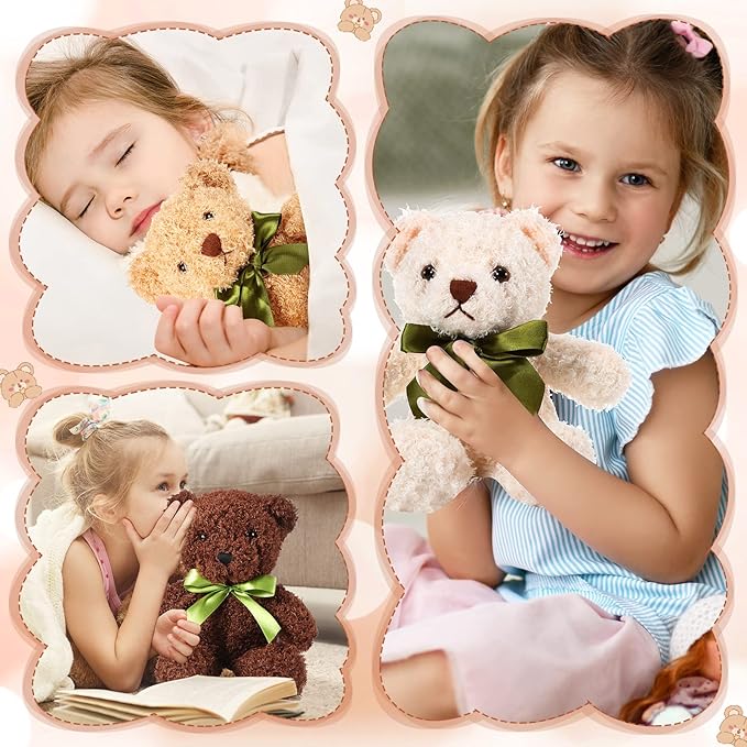 HyDren 6 Pcs Bear Stuffed Animal Plush Toys Soft Plush Dolls Bear Sleeping and Playing Toys for Baby Shower Decoration Boy(Fuzzy Style,White, Brown, Dark Brown)