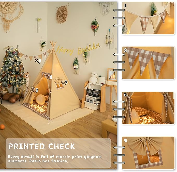 Teepee Tent with Padded Mat Bunting Banner Fairy Lights - Print Gingham Kids Play Tent with Carry Bay for Indoor and Outdoor, Play House Toys for Toddler, Boys and Girls