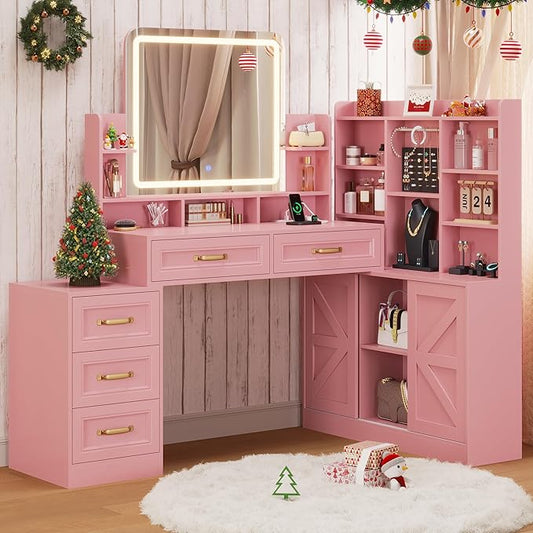 Vanity Desk with Mirror and Lights,Makeup Vanity Table with Lights & 5 Drawers,Makeup Desk with Charging Station & Cabinets Adjustable Width, Modern Dressing Table for Bedroom,Pink