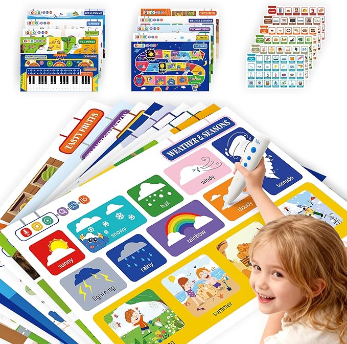TEKFUN Learning Toys for 3 Year Old,Toddler Educational Posters with Talking Pen,ABC Learning Sight Word Games for Toddlers 2-4 Years,Learn to Read Toys with Sensory Stickers