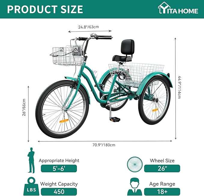 YITAHOME 24 & 26 Inch Adult Tricycle, 1 & 7 Speed 3 Wheel Bikes, Large Seat with Backrest Trike for Adults with Front & Rear Baskets, Cruiser Bike for Seniors Women Men Commute Picnic Outdoor